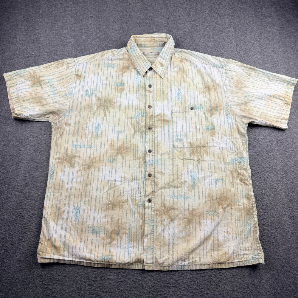 Moda Campia Moda Men's XL Short Sleeve Button Up Shirt Tan Blue Palm Tree Stripe